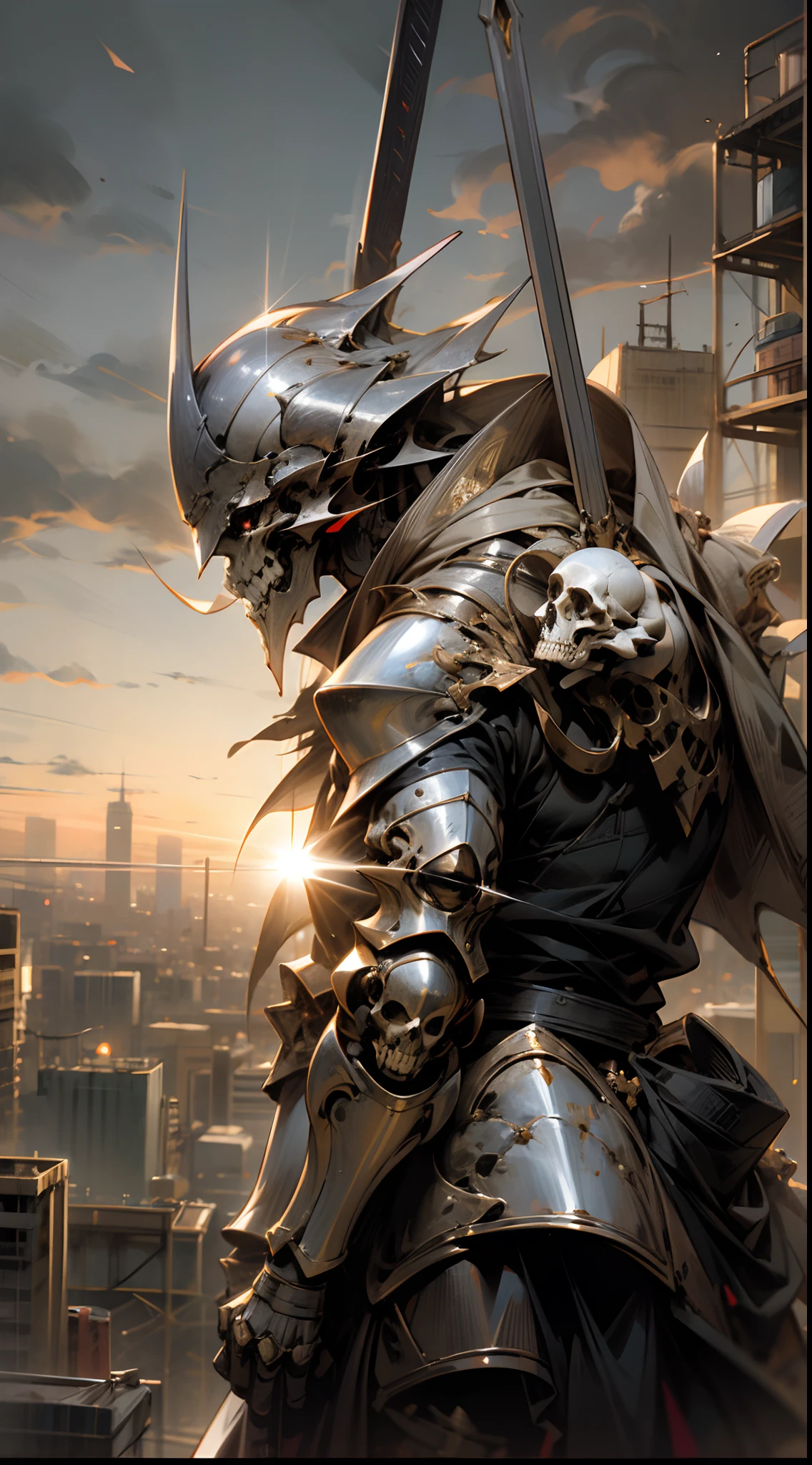 Knight in armor facing a demonic skull, Apocalyptic background at sunset, estilo anime --auto --s2