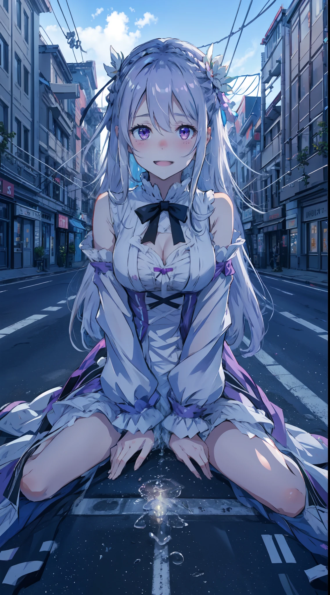 Emilia from re:zero, silver long hair, purple eyes, wearing white lingerie, sitting on the middle of the street, blushing, joyful expression, dynamic pose, vibrant colours, NSFW,have to pee, peeing self