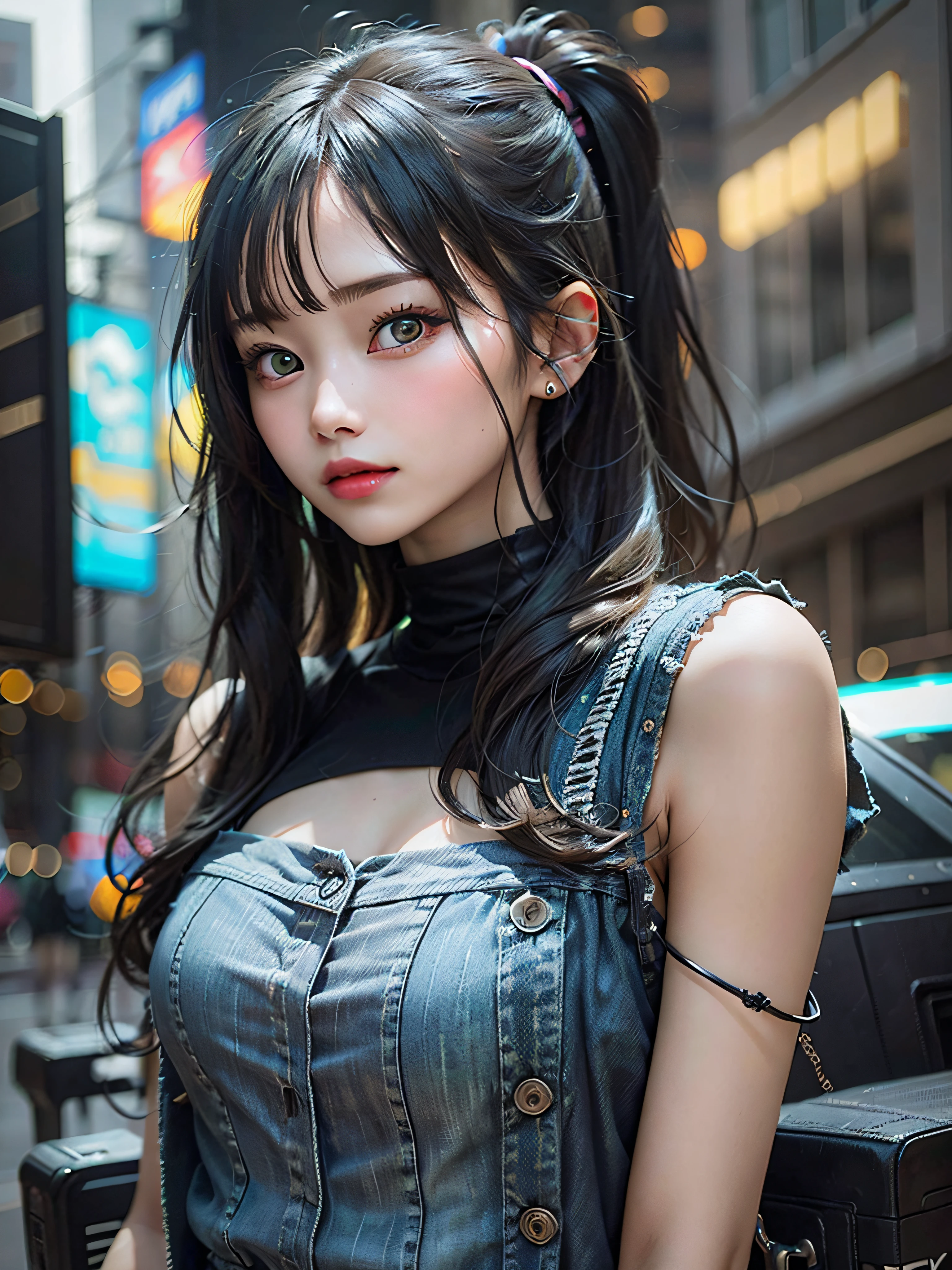 1 girl, long black hair, green eyes, wearing denim with led strip shorts, naked, cyber punk city, high res, ultrasharp, 8k, masterpiece, loking at viewer, keeping a cyberdek