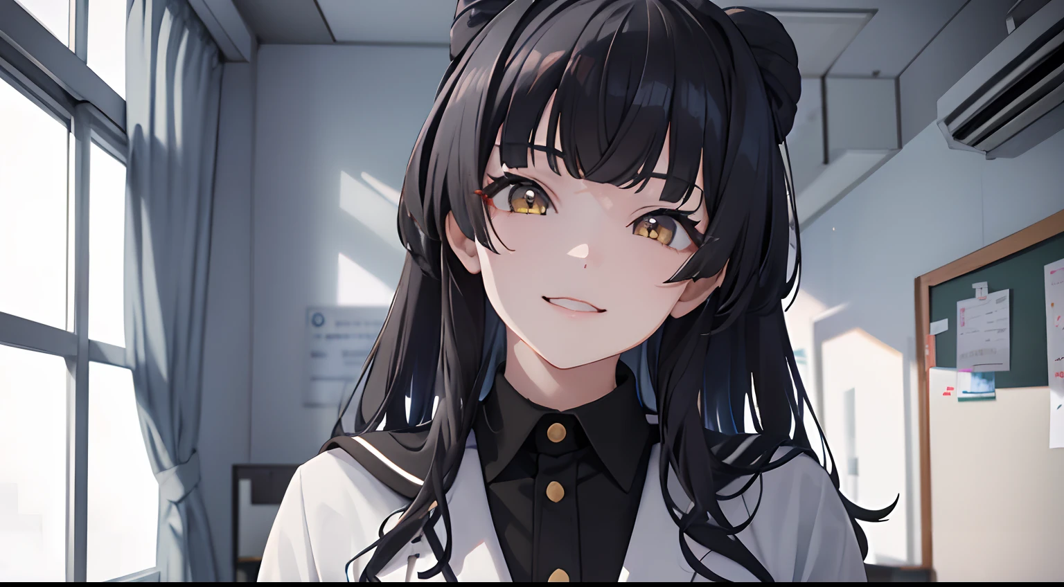 masterpiece, best quality, 1girl, black hair, ,yellow eyes, school uniform, hoodie, classroom, smiling, closed up, detailed eyes, detailed facial features, realistic and high resolution (best quality, 4k, 8k, highres, masterpiece:1.2).