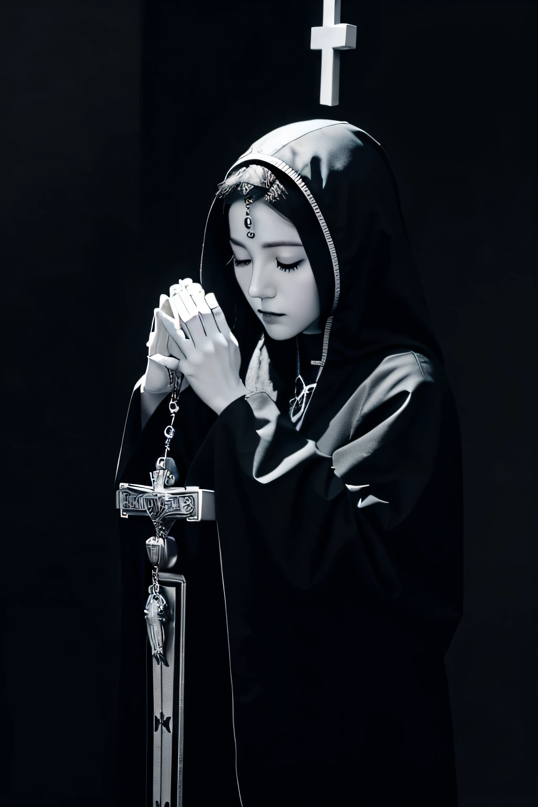 Draw a black and white image of a robot praying with the rosary in its hands.