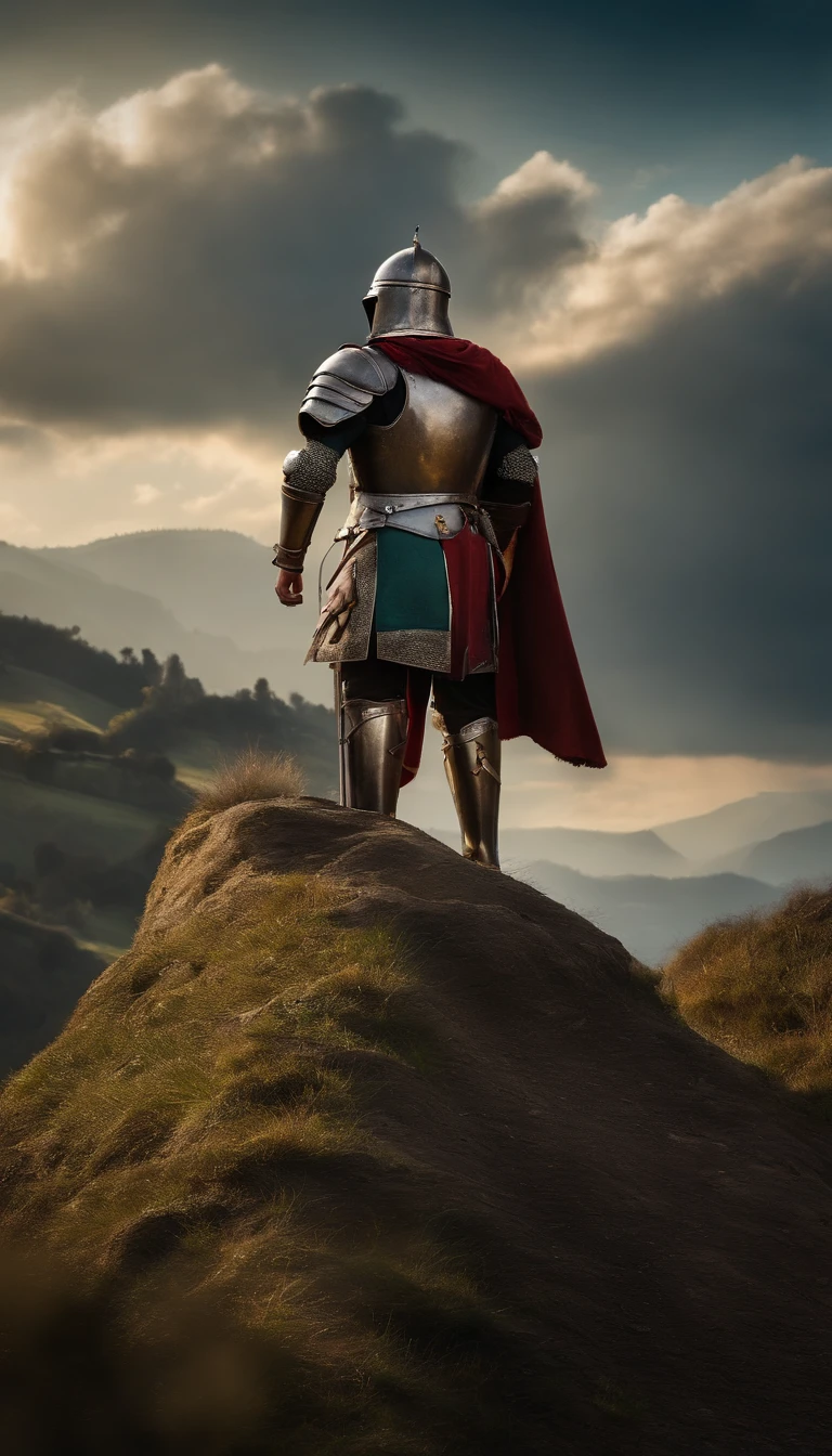 CarloMagno, in battle armor, stands triumphantly atop a hill, surveying newly conquered territories with fortifications and villages