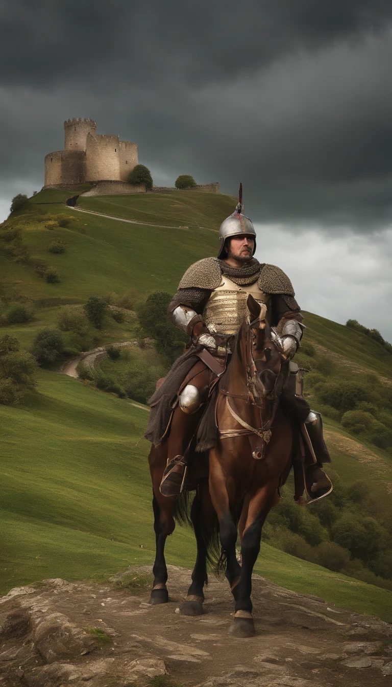 CarloMagno, in battle armor, stands triumphantly atop a hill, surveying newly conquered territories with fortifications and villages
