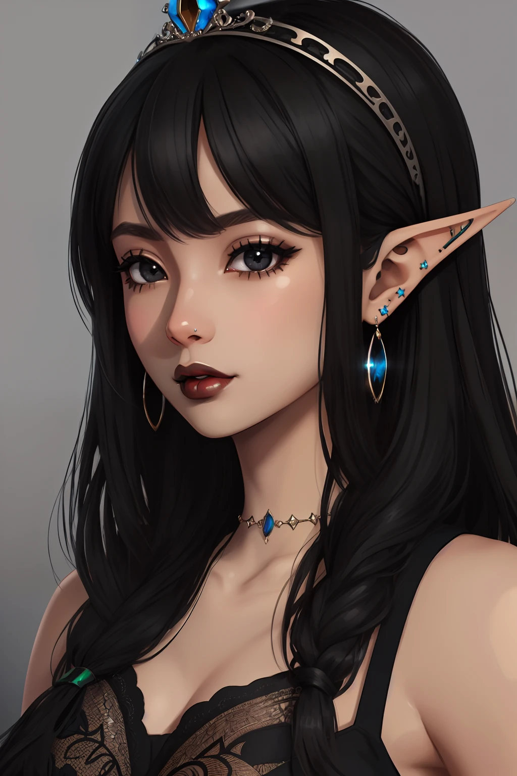 Masterpiece, high quality, (black skin tone:1.5), elf, fit, beautiful elf, sexy elf, female, portrait, piercings, virgin, black eyes, princess, Aesthetic, pixie cut, sunny day, CG shading, Unreal engine 5, Detailed, intricate