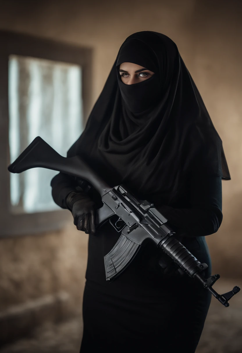 a hijabi muslimah girl ,big breasts holding a weapon slutty pose ,almost naked to make dicks erect 