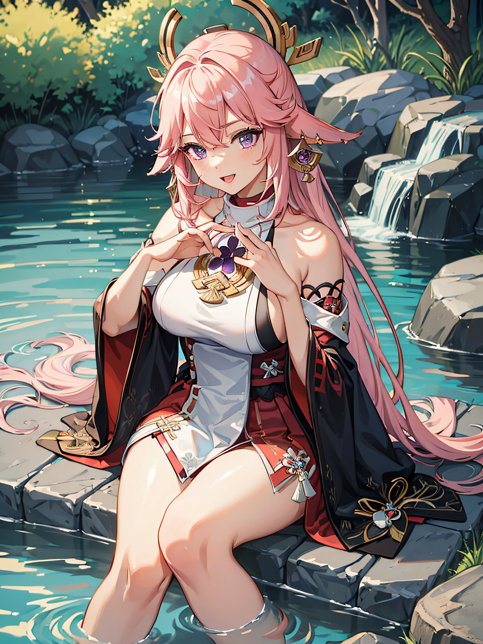 (masterpiece, best quality:1.2), highres, high resolution, solo, 1girl, yae miko, pink hair, side locks, long hair, purple eyes, smile, teeth, open mouth, seiza, hair ornament, Japanese clothes, sideboob, jewelry, earrings, large breast, large boobs, large chest, light smile, teeth, bare shoulders, portrait shot, upper body shot, BREAK outdoors, sitting, hot spring, legs in water, spilling water with hands, legs crossed, legs, thighs, steps, blur background, standing, beautiful face, perfect fingers, perfect anatomy. PORTRAIT SHOT, masterpiece, high quality.
