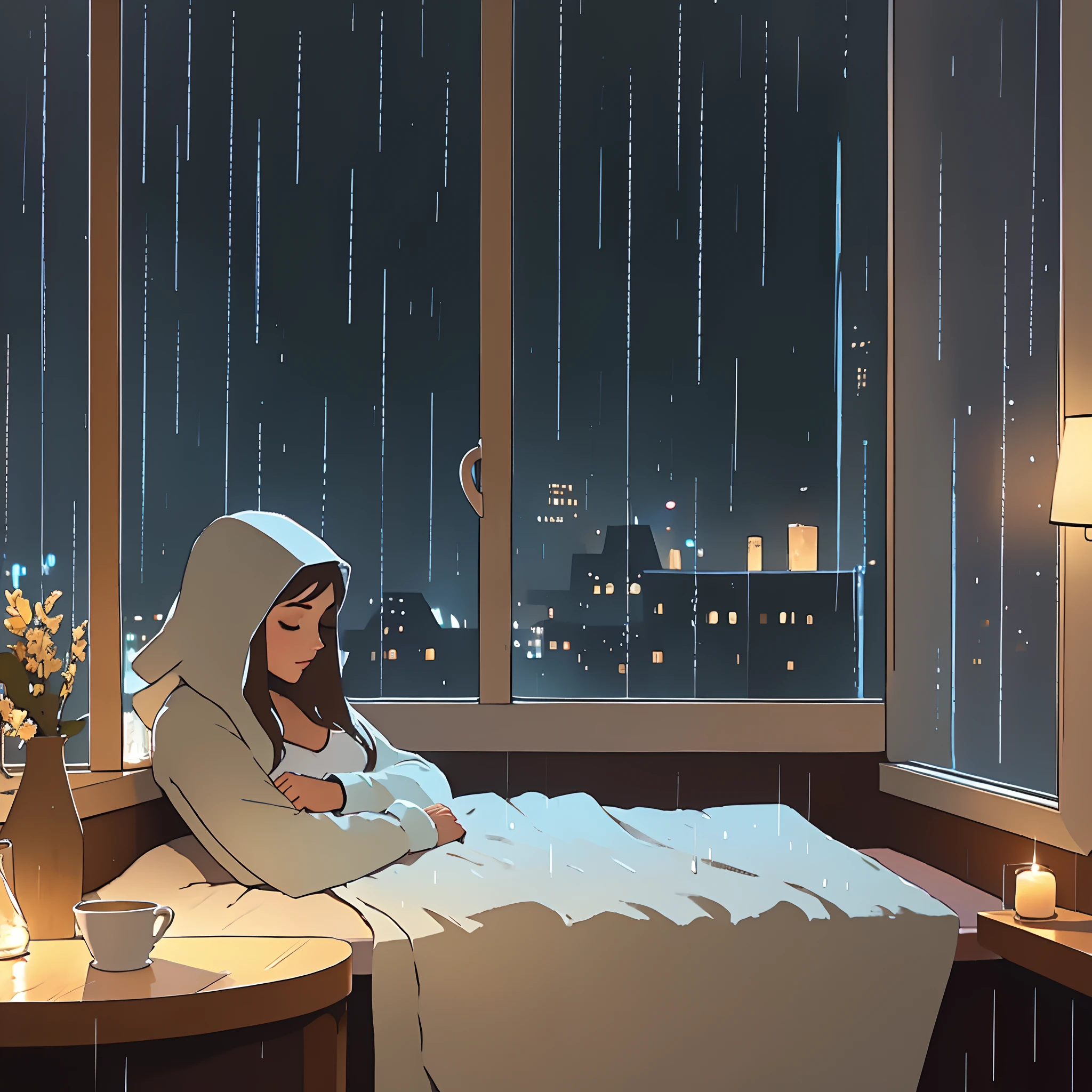 warm tomes, girl, room, cozy, night time, sleeping, rain outside the window, big window, relaxing