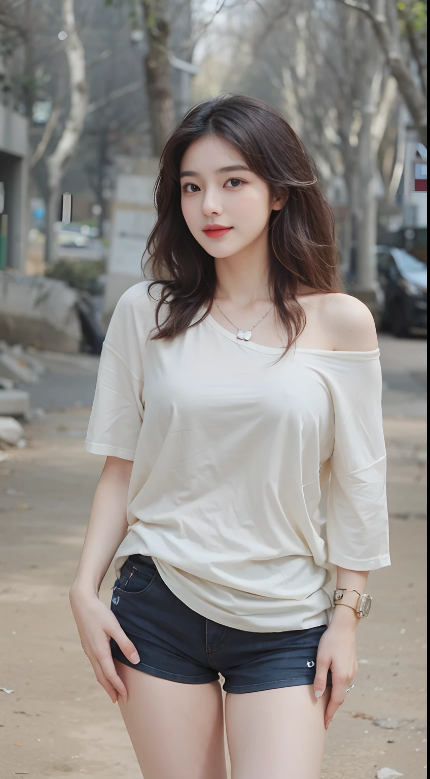 a close up of a woman in shorts and a shirt posing for a picture, gorgeous young korean woman, lovely woman, beautiful young korean woman, korean girl, beautiful south korean woman, attractive girl, young and cute girl, korean women's fashion model, handsome girl, cute young woman, xintong chen, a cute young woman, dilraba dilmurat, Best picture quality, masterpiece, ultra high resolution, 8k, cleavage, big boobs, bust detail, hair detail, eye detail, sharp eyes, thin smile, professional lighting