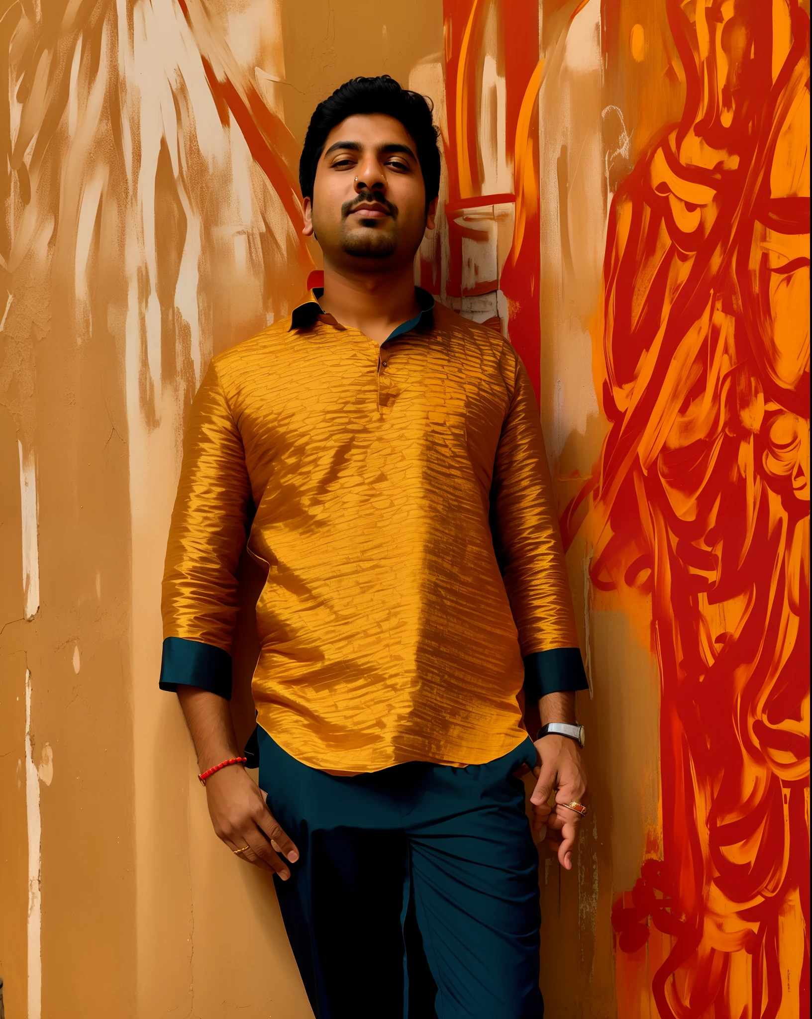 arafed man standing in front of a wall with a painting on it, inspired by Saurabh Jethani, with a cool pose, inspired by Bikash Bhattacharjee, candid picture, full body photogenic shot, in a menacing pose, wearing a kurta, wearing a silk kurta, full body picture, wearing in shirt