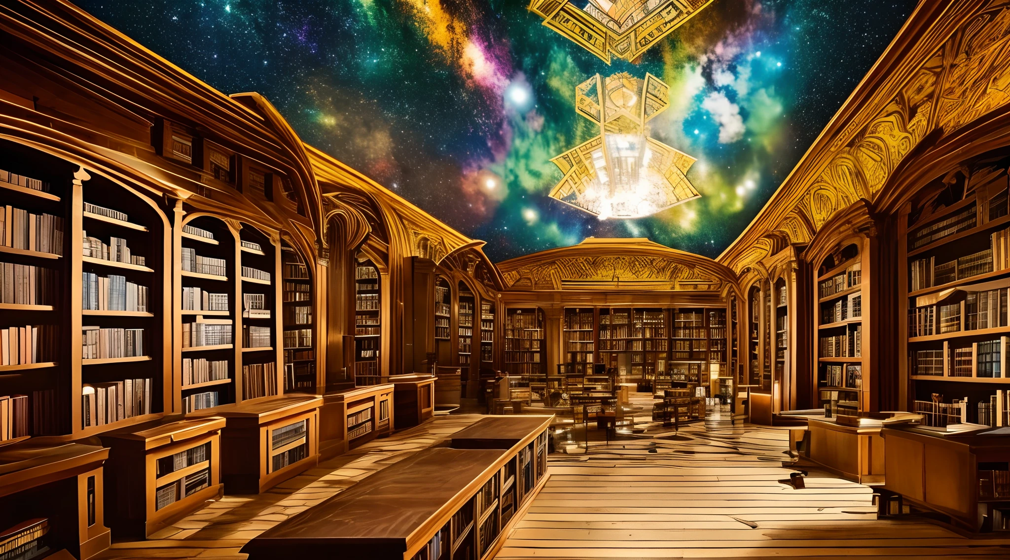 Imagine an epic view of the scene with the Epic Celestial Library in symbiosis with the galaxy's landscape full of details. A biblioteca multidimensional em sua energia iridescente radiante refletindo a luz divina. The library is a transcendental library in connection with the universe, feito do fogo do universo, is a part of the universe, is the extension of the universe and is the dimension of the universe of 2.048 x 1.152 pixels is a magical and secret library