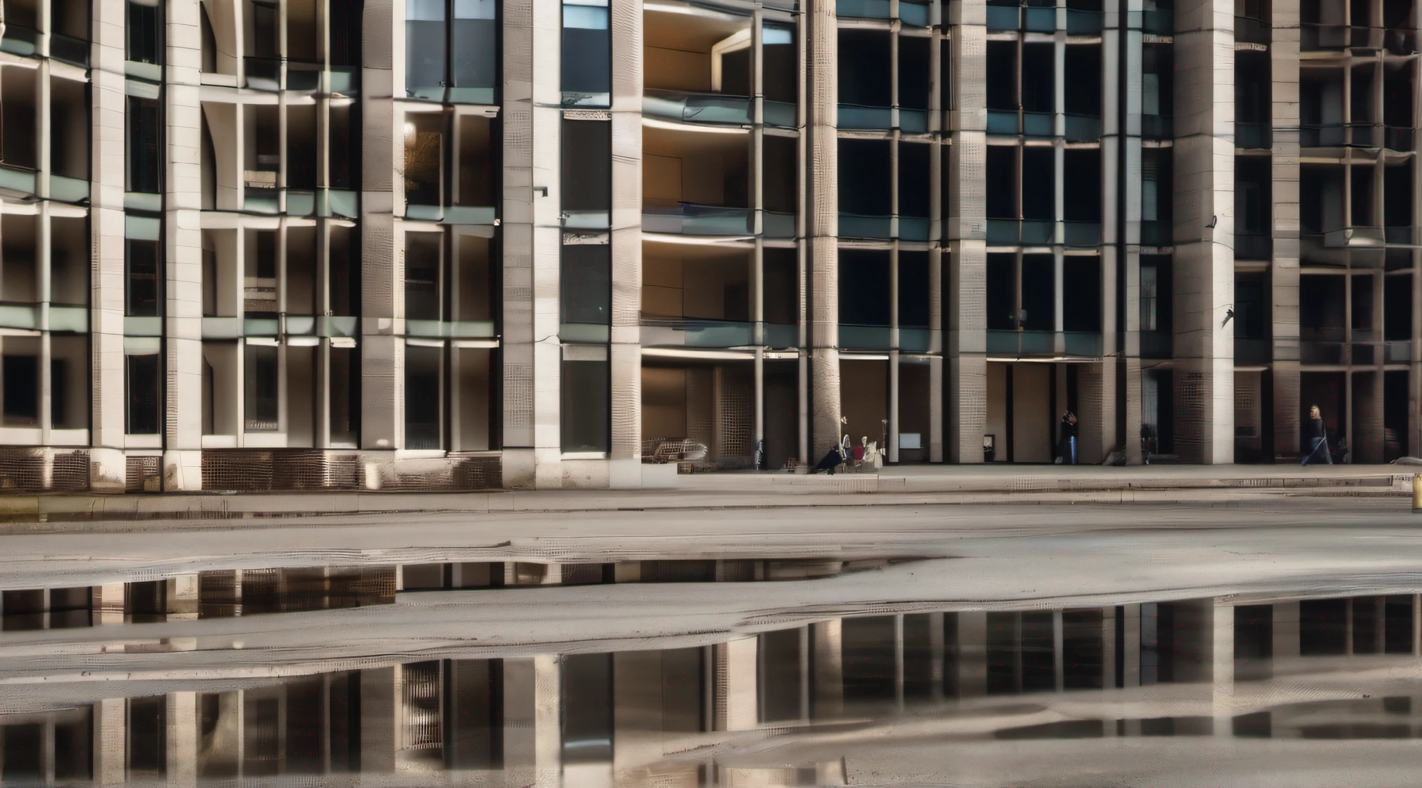 Shot on Nikon D850, wide lens, slow shutter speed, elongated distortion phases amidst urban chaos, people subtly interacting, shards of light reflecting, andreas gursky style, desaturated minimalism, grungy cityscape, soft ambient light, muted earth tones, high angle, cubism, minimalism photography, photorealism, sharpness, architecture, concrete, glass, reflection, shards, urban, chaos,