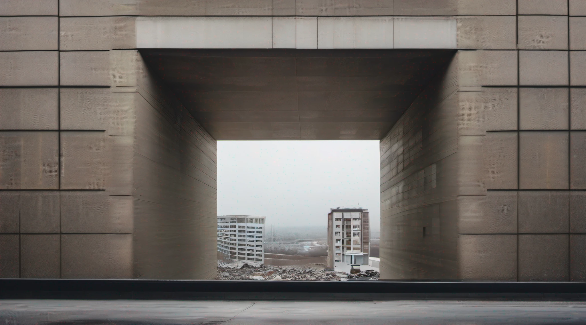 Shot on Nikon D850, wide lens, slow shutter speed, elongated distortion phases amidst urban chaos, people subtly interacting, shards of light reflecting, andreas gursky style, desaturated minimalism, grungy cityscape, soft ambient light, muted earth tones, high angle, cubism, minimalism photography, photorealism, sharpness, architecture, concrete, glass, reflection, shards, urban, chaos,