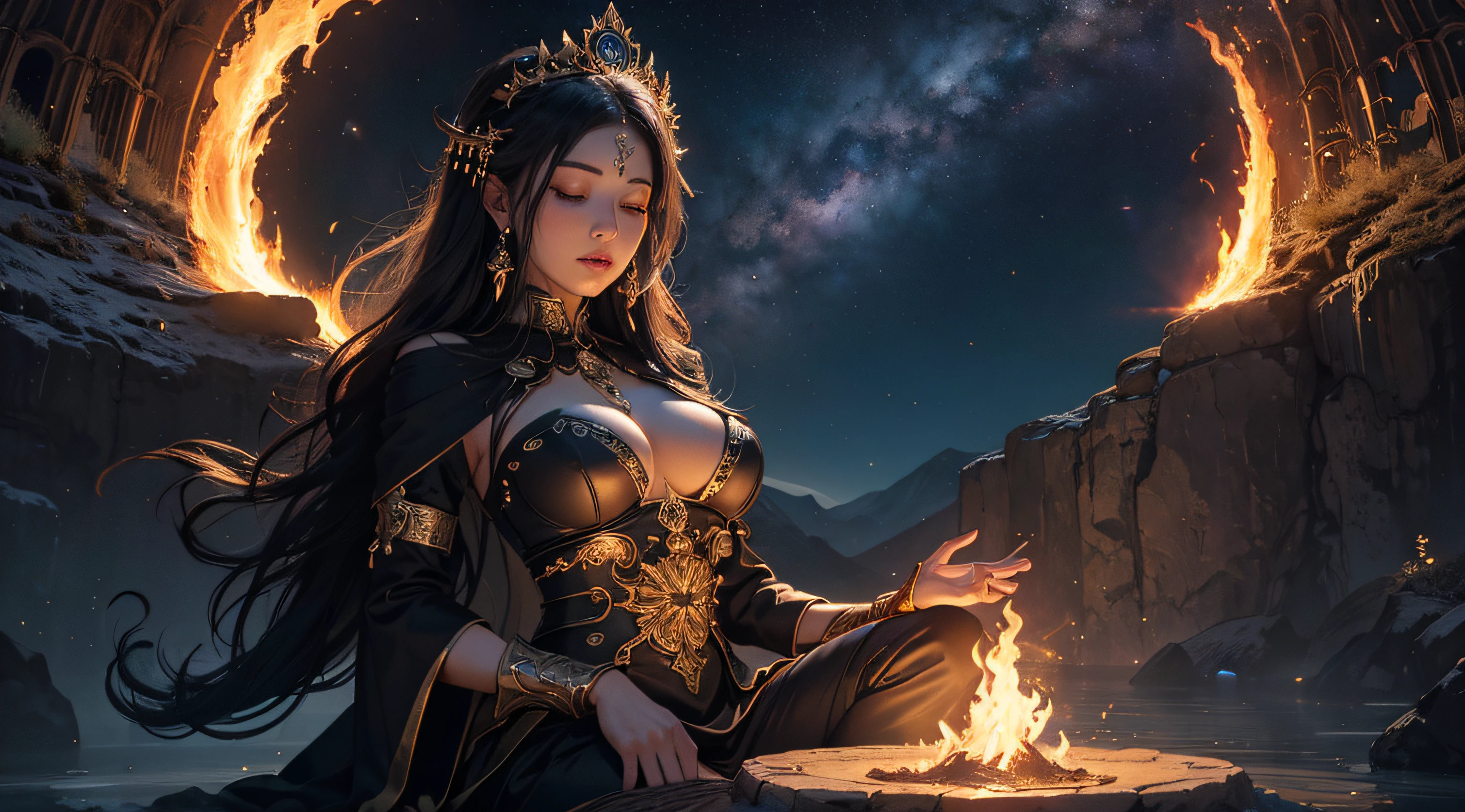 Immortal goddess, super beautiful, 8k, super big breasts, meditating, black gothic dress, sitting cross-legged, golden glowing magic circle rotating behind her, magical aura surrounding her parts, magical, fantasy, milky way background, (4 elements, fire, water, wind, earth, surround it),