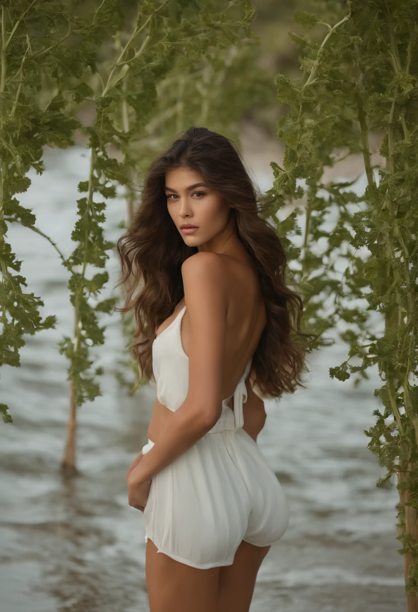 Beautiful brunette asian , Curly brown hair , Long hair, , full - body, Kale, Naked, Kale, walking on the beach , Kaia Gerber huge breasts size 5