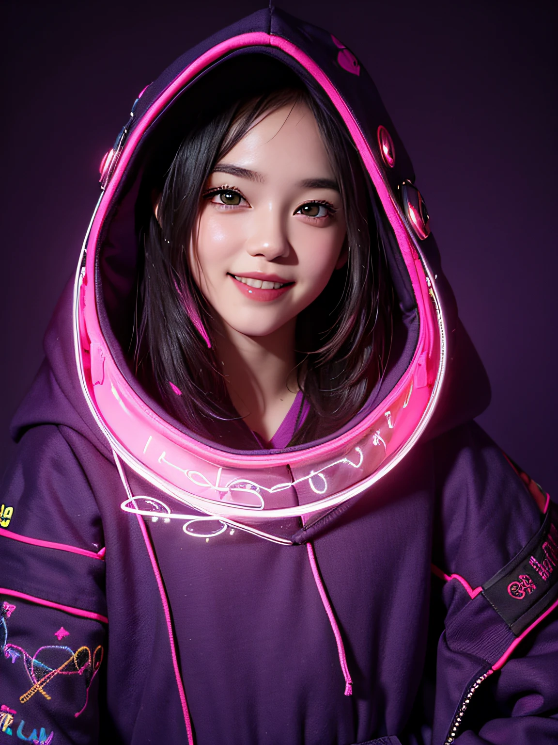 Detailed background, Masterpiece, Best quality, Smile, decorations, Hood, Portrait, Neon pink, scribbles, Dark, Night, Bright eyes, Purple light