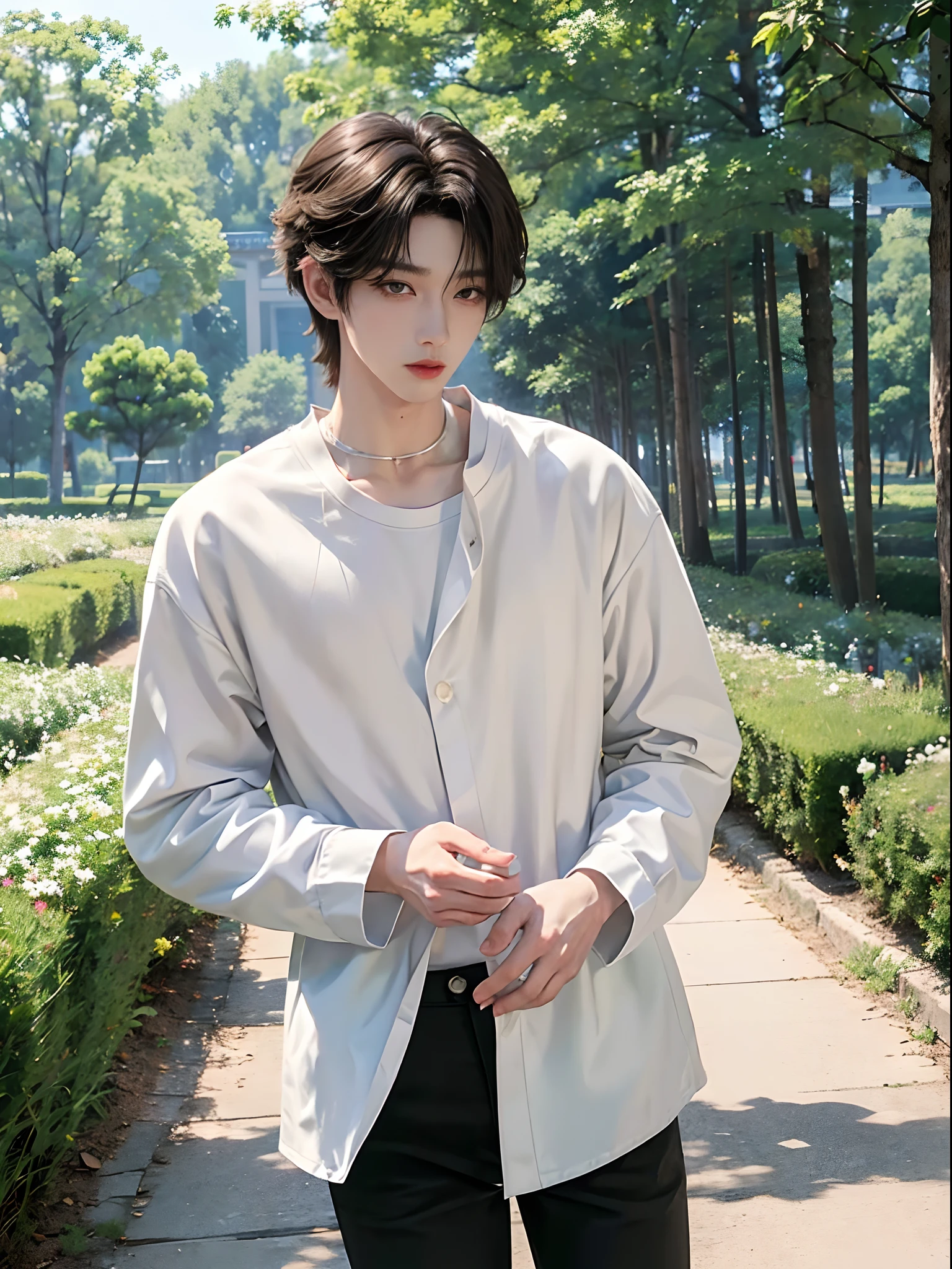 masterpiece、(top-quality)、((high-level image quality))、One Manly Boy、Slim body、((White Y-shirt and long black pants))、(Detailed beautiful eyes)、During a walk on the road at night in September、Face similar to Chaewon in Ruseraphim、((short hair above the ears))、((Smaller face))、((Neutral face))、((Light brown eyes))、((Korean boy))、((18year old))、((Handsome man))、((Wild look))、((Korean Makeup))、((elongated and sharp eyes))、((Walk in front of the viewer))、((shot from back))、((The upper part of the body))