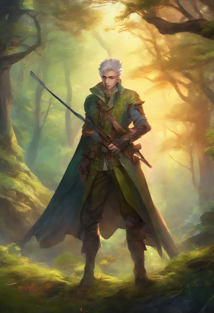 Elfo cabelos brancos, masculino, hunterxhunter, with two firearms in hand, casaco de couro, Floresta densa, detalhamento intrico, 4k