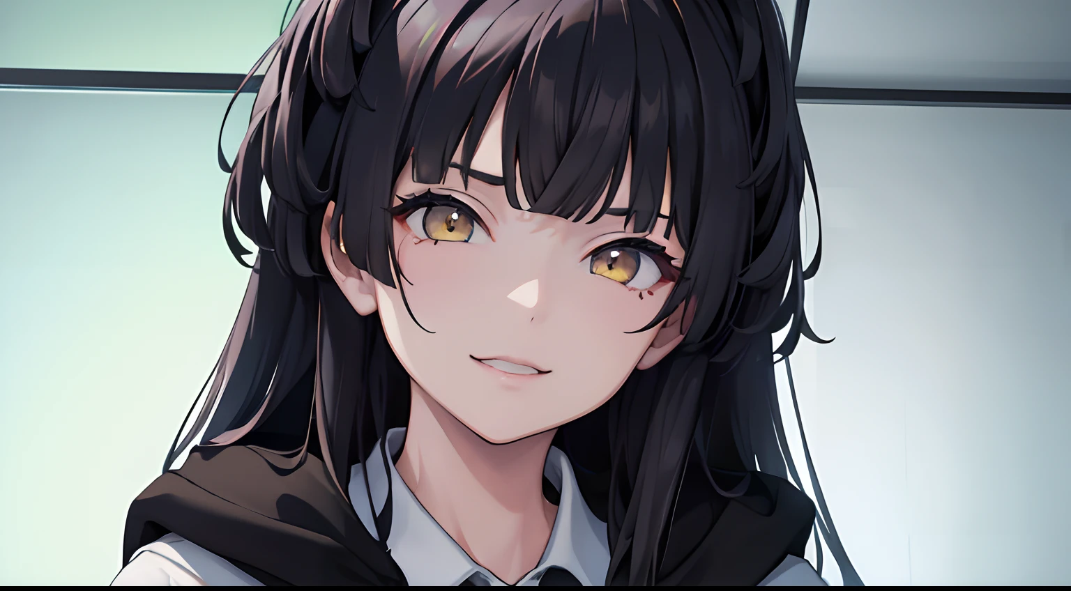 masterpiece, best quality, 1girl, black hair, ,yellow eyes, school uniform, hoodie, dark classroom, smiling, closed up, detailed eyes, detailed facial features, realistic and high resolution (best quality, 4k, 8k, highres, masterpiece:1.2).