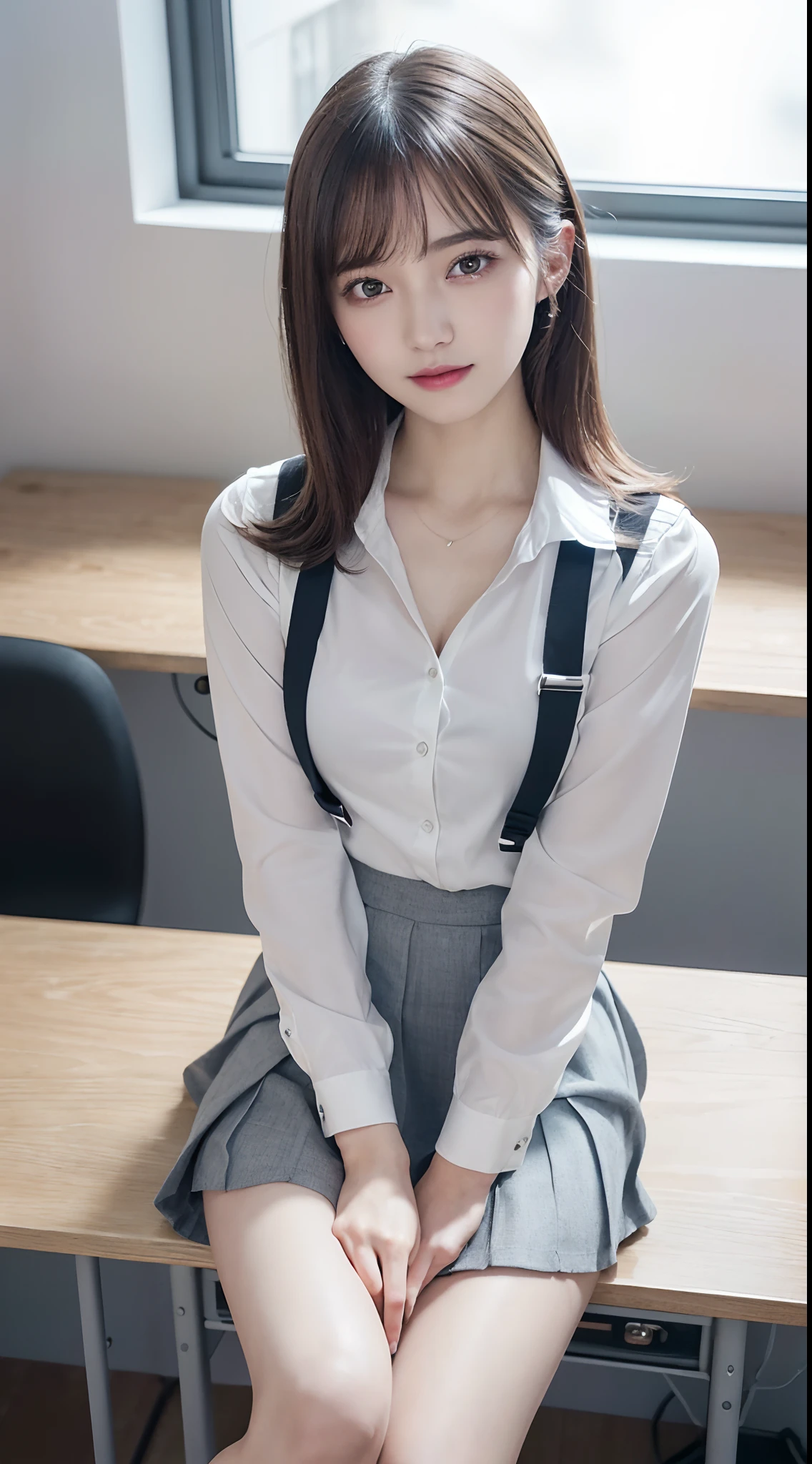 Innocent 20 year old girl、hi-school girl,((White Y-shirt、School uniform skirt、Plain gray skirt, Dramatic poses)),Smile,short-cut,Modern room、Raw photo, (8K、top-quality、masterpiece:1.2)、(intricate detailes:1.4)、(Photorealsitic:1.4)、octane renderings、Complex 3D rendering ultra detail, Studio Soft Light, Rim Lights, vibrant detail, super detailing, realistic skin textures, Detail Face, Beautiful detail eyes, Very detailed CG Unity 16k wallpaper, make - up, (detailedbackground:1.2), shinny skin, Full body、cleavage of the breast,((Angle looking down from above、sit on desk,open one's legs))