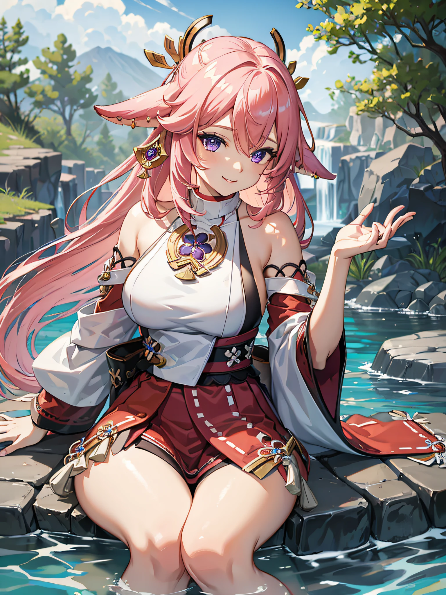 (masterpiece, best quality:1.2), highres, high resolution, solo, 1girl, yae miko, pink hair, side locks, long hair, purple eyes, smile, looking at viewer, seiza, hair ornament, Japanese clothes, sideboob, jewelry, earrings, large breast, large boobs, large chest, light smile, teeth, bare shoulders, portrait shot, upper body shot, BREAK outdoors, sitting, hot spring, legs in water, legs crossed, legs, thighs, steps, blur background, standing, beautiful face, perfect fingers, perfect anatomy. PORTRAIT SHOT, masterpiece, high quality.