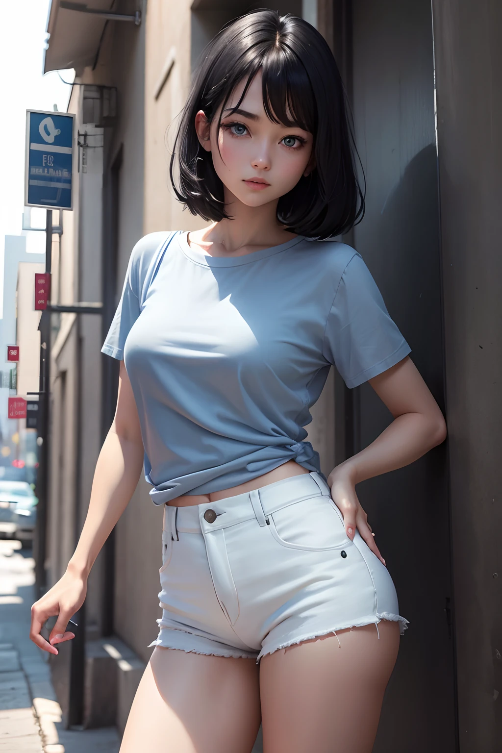 1fille, black hair short blue eyes wearing plain white shirt city denim shorts absurd high resolution ultrasharp 8k masterpieces