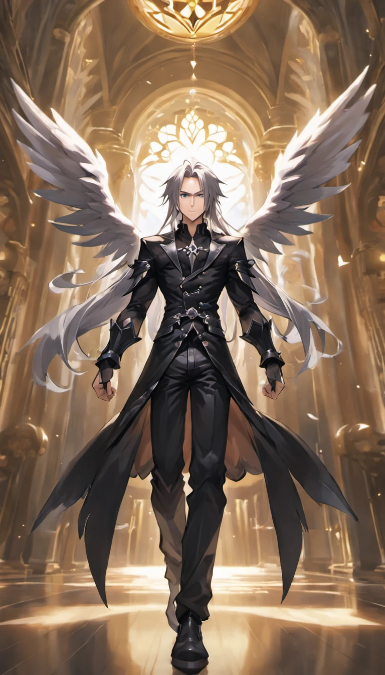 awe inspiring,,Dark and mysterious interior architecture,, depth of fields, One-person viewpoint, top-quality, hight resolution, ighly detailed,, The ultra -The high-definition,Focus on the eyes,Antique style, (silber hair: 1.1), (Silver eyes: 1.1), big eye,(Fluttering chest:1.4),llight rays,Tyndall phenomenon,Strong light shines in,One-winged fallen angel,Black wings,FF7,Sephiroth,male people,Black leather clothing,masamune,27yo,