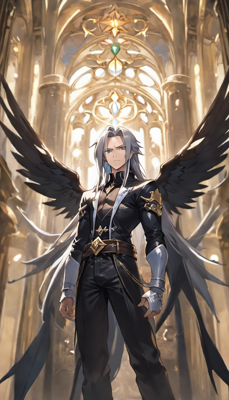 awe inspiring,,Dark and mysterious interior architecture,, depth of fields, One-person viewpoint, top-quality, hight resolution, ighly detailed,, The ultra -The high-definition,Focus on the eyes,Antique style, (silber hair: 1.1), (Silver eyes: 1.1), big eye,(Fluttering chest:1.4),llight rays,Tyndall phenomenon,Strong light shines in,One-winged fallen angel,Black wings,FF7,Sephiroth,male people,Black leather clothing,masamune,27yo,