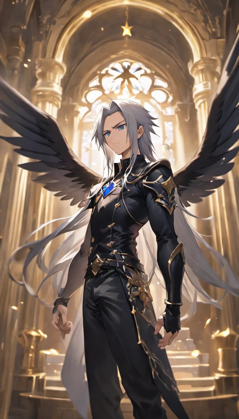 awe inspiring,,Dark and mysterious interior architecture,, depth of fields, One-person viewpoint, top-quality, hight resolution, ighly detailed,, The ultra -The high-definition,Focus on the eyes,Antique style, (silber hair: 1.1), (Silver eyes: 1.1), big eye,(Fluttering chest:1.4),llight rays,Tyndall phenomenon,Strong light shines in,One-winged fallen angel,Black wings,FF7,Sephiroth,male people,Black leather clothing,masamune,27yo,
