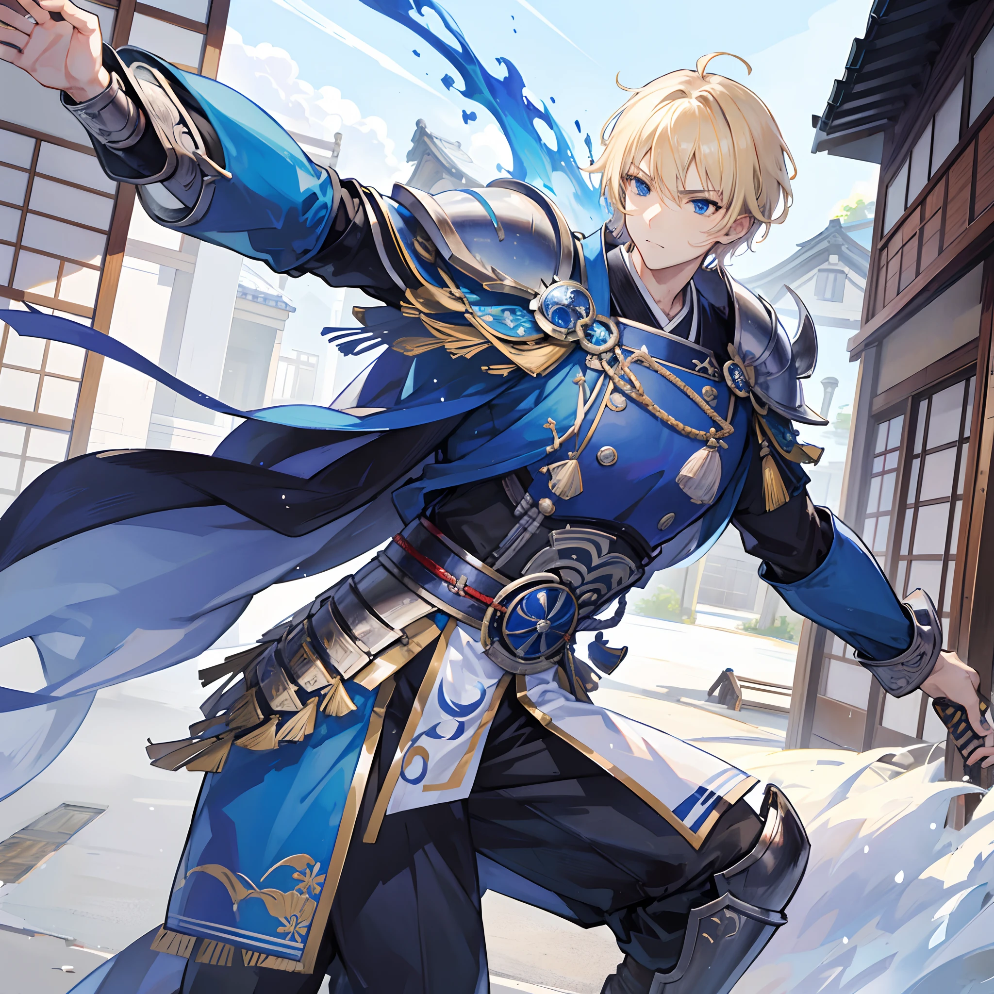 A mature man holding a sword overflowing with energy, blue armour, blue eyes, blonde short hair, traditional Japenese House in background