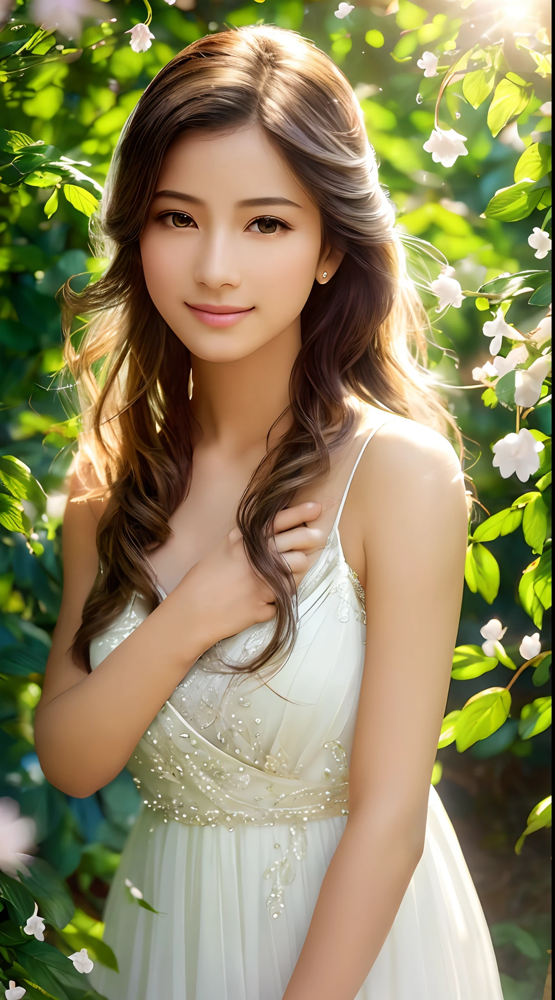 (Best quality,4K,A high resolution,Ultra-detailed,Realistic:1.37),Vivid colors,Sunlight,llight rays,bergamot,white blossoms,Beautiful girl,Exquisite features,Flowing hair,Serene expression,Garden setting,Elaborate dress,Soft sunlight,Gentle breeze,Cheerful ambiance,Backlit scene,a hint of smile,ethereal glowing,Fresh in the morning,Long shadows,harmony of nature,subtle reflections,Natural beauty,Twinkling dewdrops,Clear detail,serenity and calm,Sublime ingredients,Arrive at the branch,whispering leaves,Aromatherapy petals,with light glowing,Sparkling highlights,Subtle shadows,Soft focus,Sublime beauty,Whisper natural,Fantastical Atmosphere,Illuminated background.