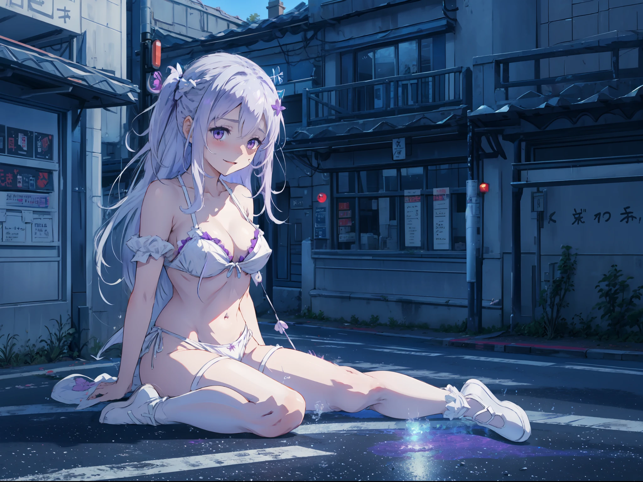 Emilia from re:zero, silver long hair, purple eyes, wearing white lingerie bikini, sitting on the middle of the street, blushing, joyful expression, dynamic pose, vibrant colours, NSFW,have to pee, peeing self
