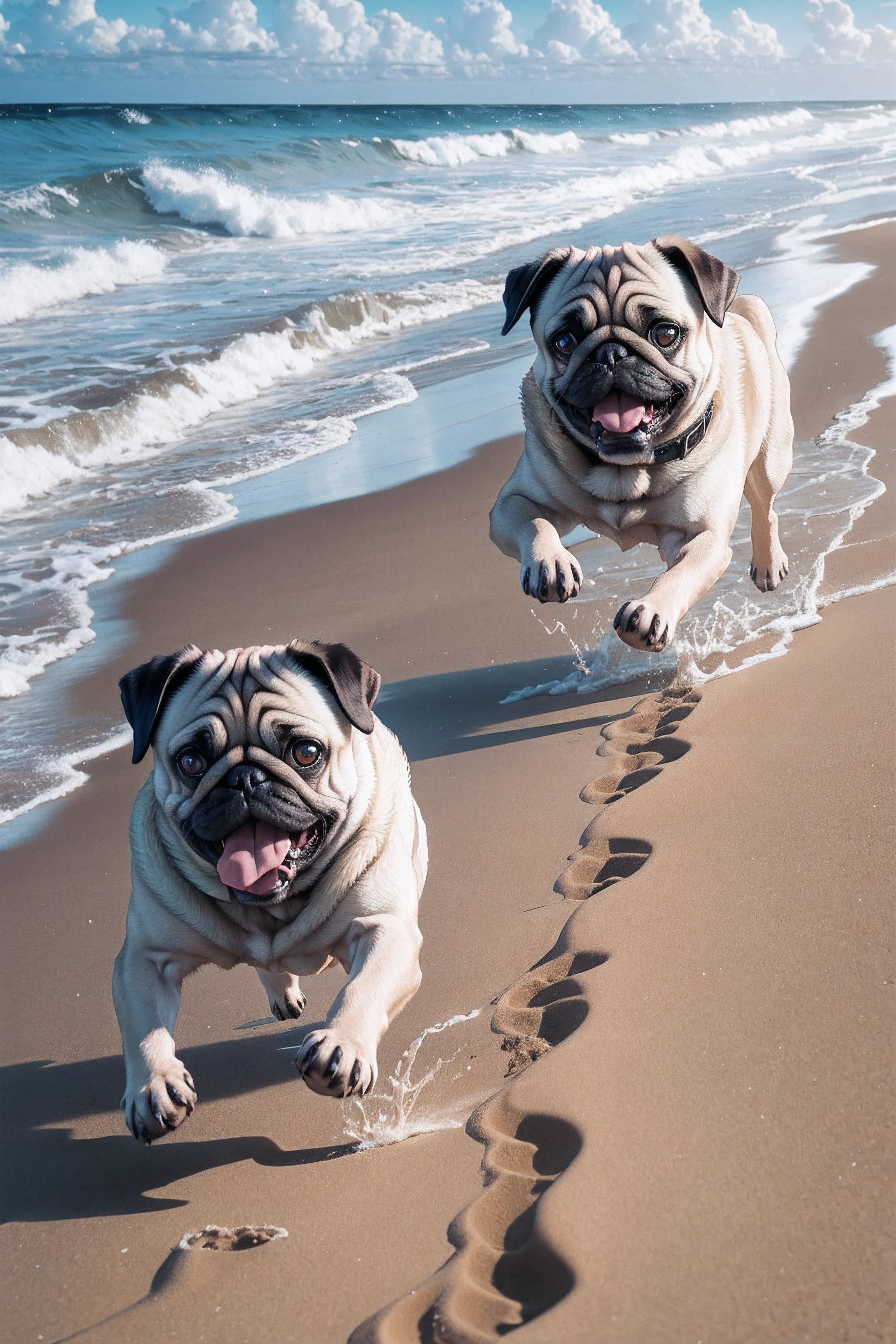 pug running on the beach