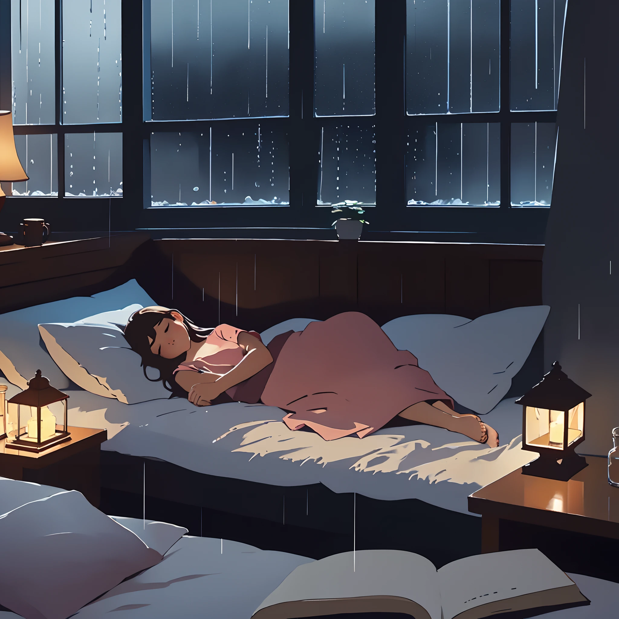 warm tomes, girl, room, cozy, night time, sleeping, rain outside the window, big window, relaxing