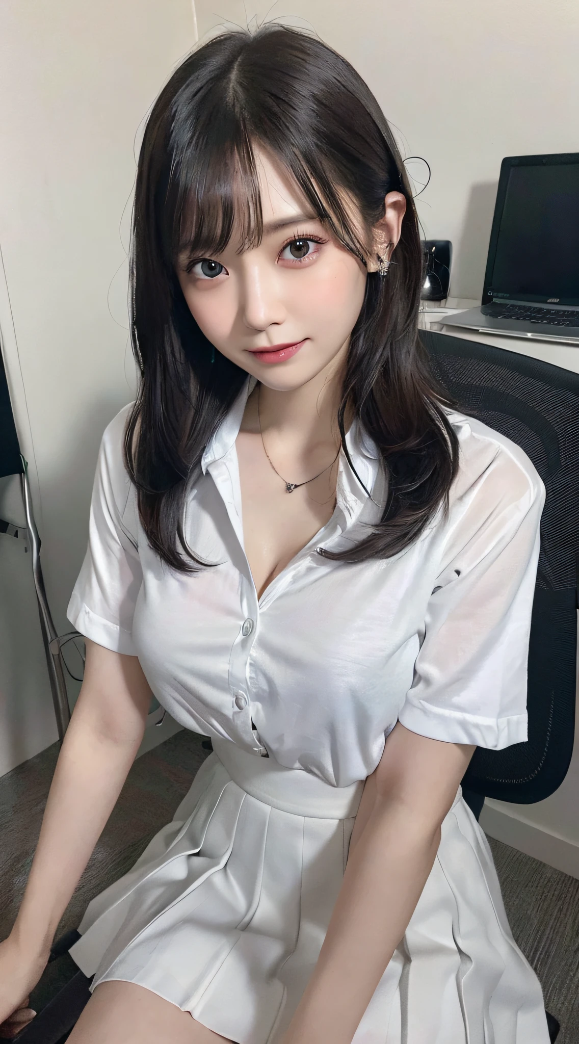 Innocent 20 year old girl、hi-school girl,((White Y-shirt、School uniform skirt、Plain gray skirt, Dramatic poses)),Smile,short-cut,Modern room、Raw photo, (8K、top-quality、​masterpiece:1.2)、(intricate detailes:1.4)、(Photorealsitic:1.4)、octane renderings、Complex 3D rendering ultra detail, Studio Soft Light, Rim Lights, vibrant detail, super detailing, realistic skin textures, Detail Face, Beautiful detail eyes, Very detailed CG Unity 16k wallpaper, make - up, (detailedbackground:1.2), shinny skin, Full body、cleavage of the breast,((Angle looking down from above、Sit in a chair next to your desk,open one's legs))