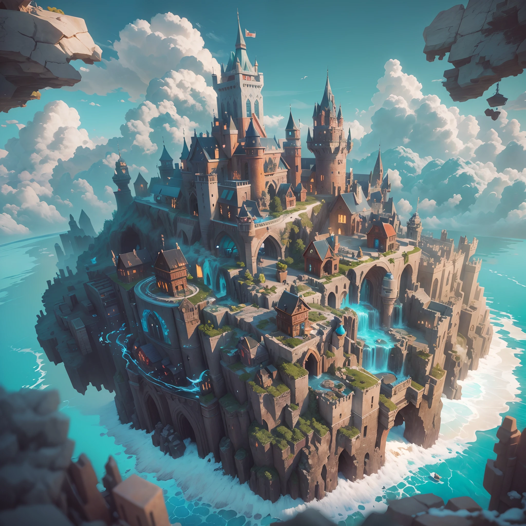((Best quality)) , ((Masterpiece)) , (Detailed) , (Artgerm inspired:1.2) , (Floating castle:1.3),(Isometric 3D art of pumice castle:1.2),Mana Floating Island, Floating city in the sky, (Colored clouds:1.2) Fantasy art, Flashy effect,fantasy cityscape, fantasy capital city, (Inspired by:《world of warcraft》Dalaran:1.3), Breathtaking sight,winter, Sunnyday,Centered on the horizon, (Well-crafted architectural design:1.3), Offset printing, behans hd, 8K resolution