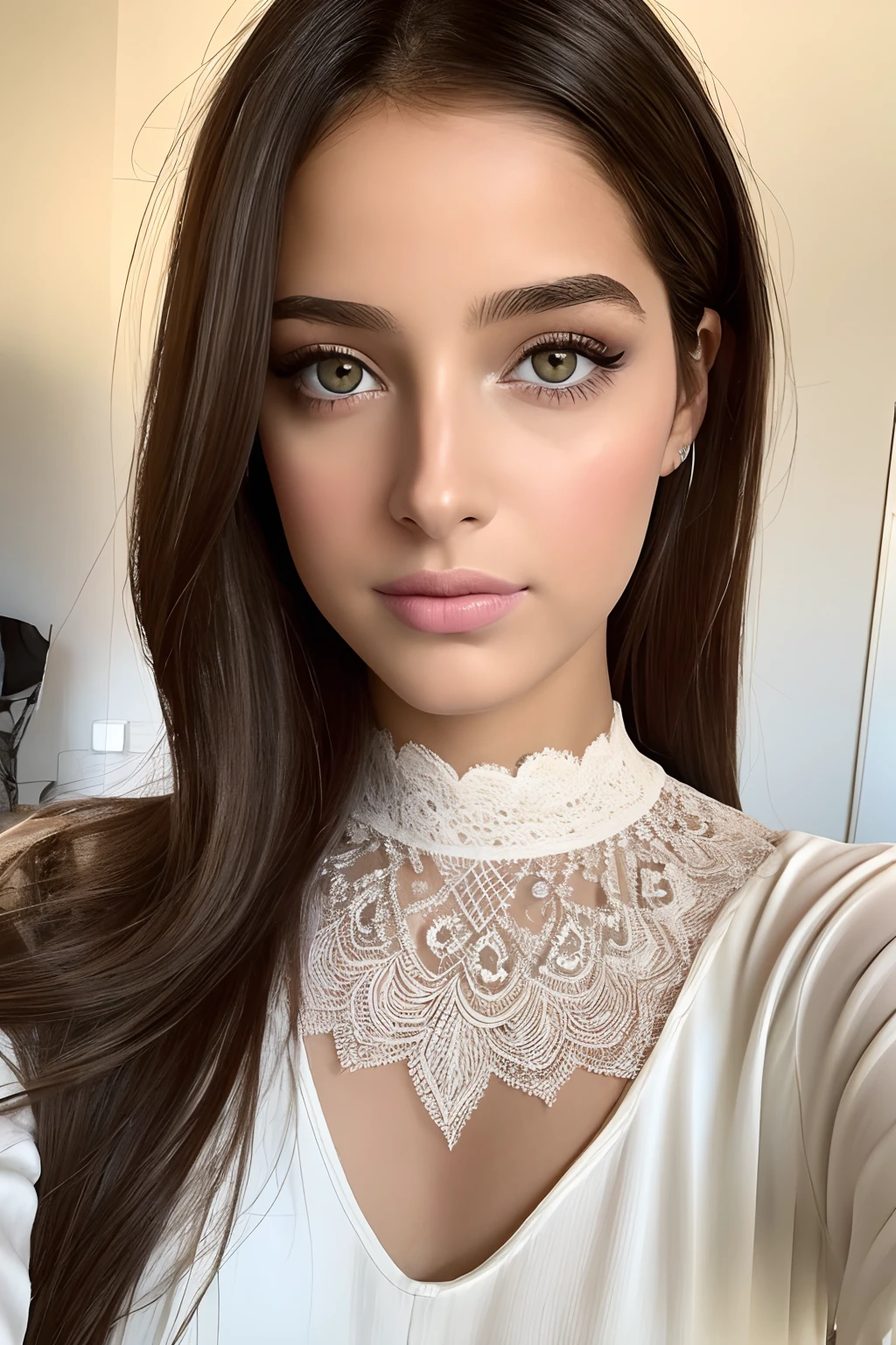 Realistic style, fille qui fait un selfie, brune, marocaine, yeux vert, peau blanche