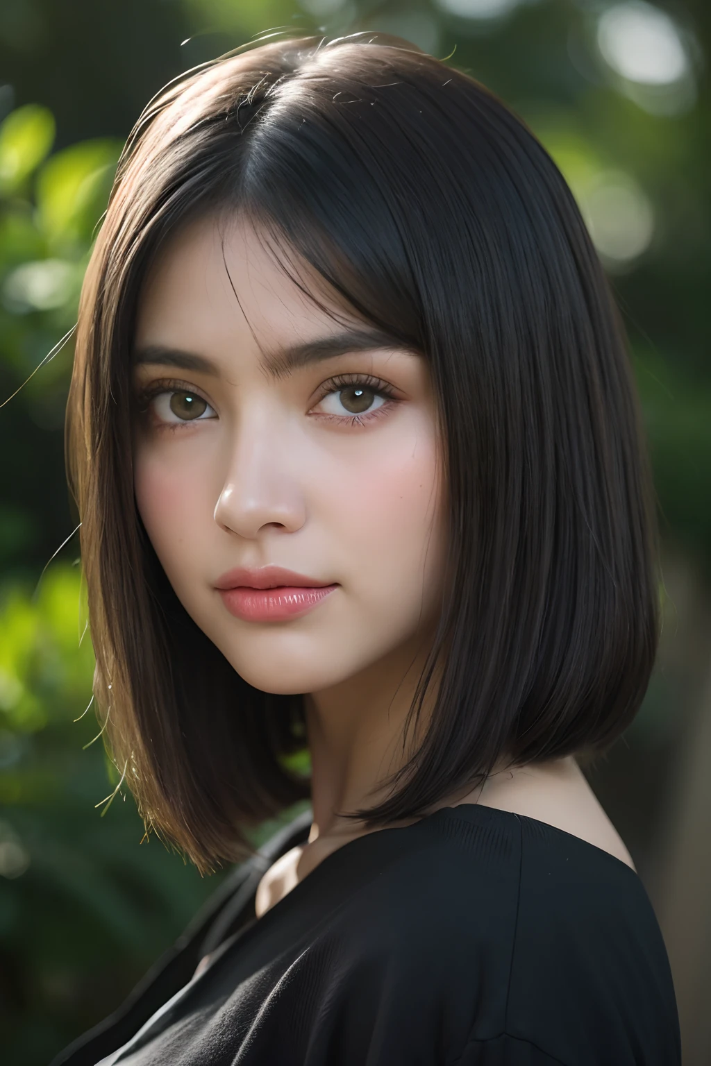 (best quality,4k,8k,highres,masterpiece:1.2),ultra-detailed,realistic,fringe,beautiful detailed eyes,beautiful detailed lips,black hair,lively expression,youthful,happy,glowing skin,summer garden,sunlight filtering through trees,soft shadows,delicate flowers,butterflies flying around,gentle breeze,colorful sundress,positively glowing,peaceful ambiance,impressionist painting,light pastel colors,natural lighting