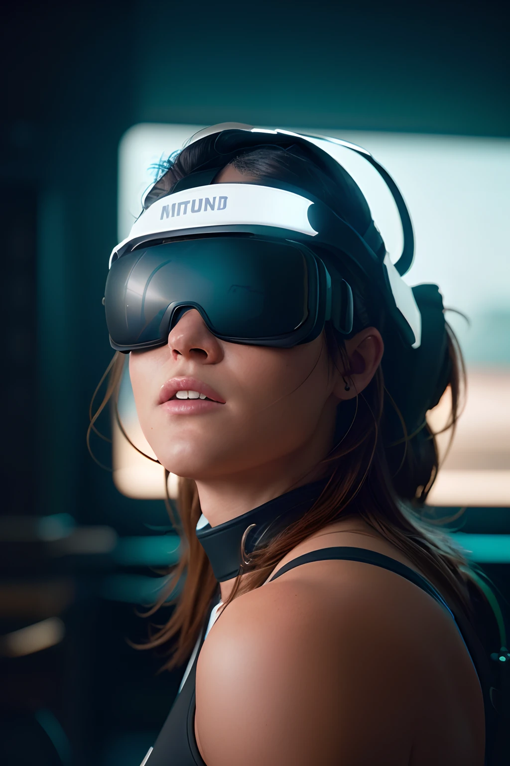 una mujer madura con un casco de realidad virtual oculus quest 2, el casco le tapa los ojos, fondo blanco, plano en medio perfil, hyperrealism photography, cinematic, Nikon D850 Film Stock Photography 4 Kodak Portra 400 Camera F1.6 lenses Rich colors Hyperrealistic Realistic texture Dramatic UnrealEngine Trend Lighting on ArtStation Cinestill 800, (Detalles intrincados: 1.12), HDR, (Detalles intrincados, hiperdetallados: 1.15)