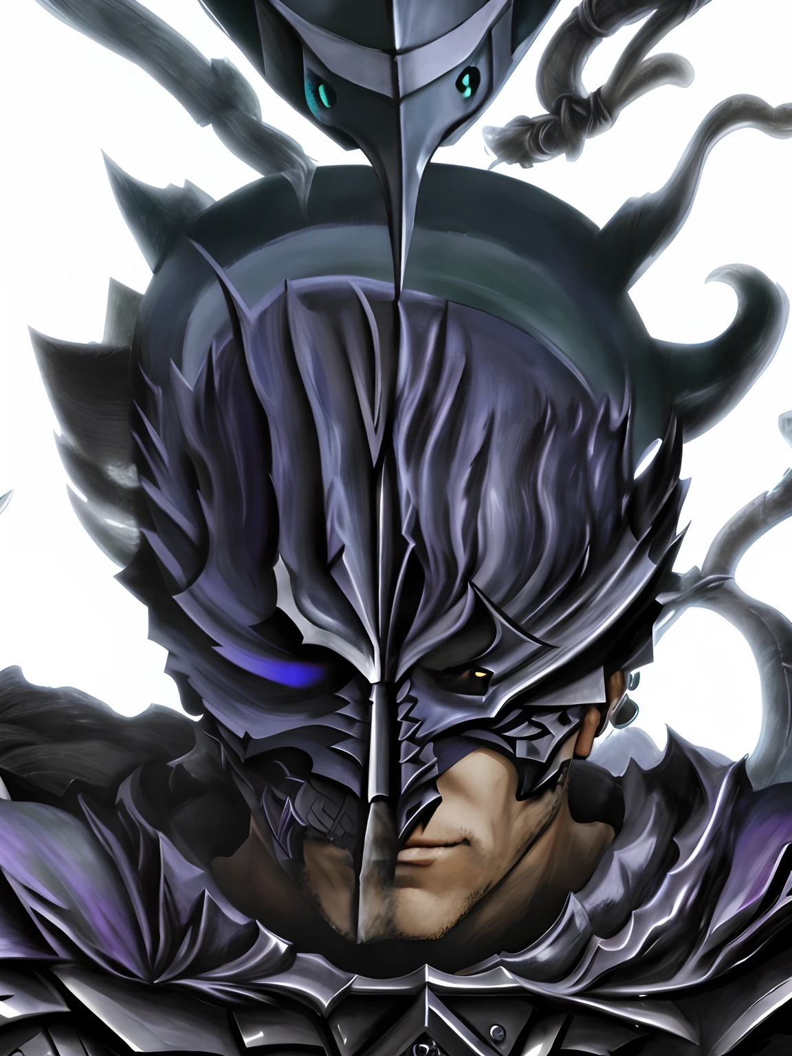 A closeup of a person with a mask and a sword, Retrato de Guts de Berserk, Estilo de arte Berserk, de Furioso, Tripas de Berserk, Tripas Berserk, Estilo Berserk, yoshitaka amano octano render, Furioso, Furious manga, face of an armored villian, Berserk Skullknight Armadura Negra