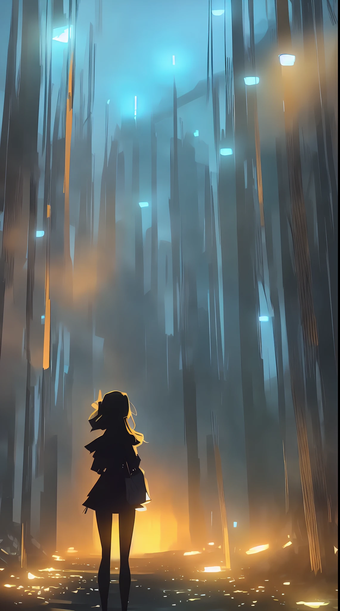 1girl fog forest dramatic lighting reflections glowing particles ( masterpiece,) (best quality) by samdoesarts