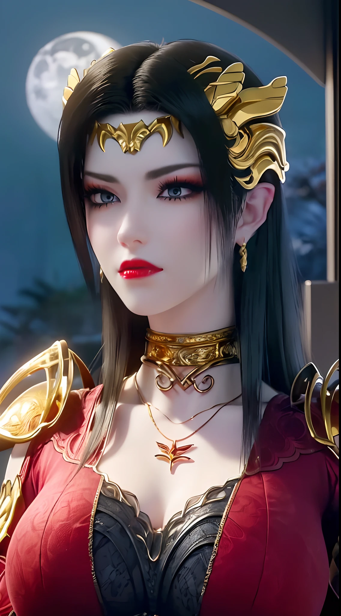 1 extremely beautiful queens,((wearing sexy red and black armor :1.6)), (((Eye-catching patterns on the shirt:1.6))), ((long black hair:1.6)), jewelry elaborately made from precious stones and beautiful hair, ((wearing a 24k gold lace necklace:1.4))), the noble, noble style of an extremely beautiful girl, her small face is super cute, her face is very pretty, thin eyebrows, flawless beautiful face, ((black eye pupils: 0.8)), very beautiful eyes, ((platinum blue eyes: 1.6)), (((eyes wide open:1.6))), nice makeup and hair detailed eyelashes, steamy eye makeup, high nose, earrings, red lips, ((closed mouth: 1.5)) beautiful lips, slim hands, most beautiful thighs, ((arms spread out to the sides: 1.5)), rosy face, clean face, flawless beautiful face, smooth white skin, (big breasts: 1.5)), ((high breasts: 1.6)), tight breasts, beautiful cleavage, (((big breasts and super round: 1.8))), ((super tight breasts: 1.7)) , beautiful breasts, perfect body, back arms, chest out, thin black mesh stockings with black lace trim, 8k photo, super high quality, super realistic, super 10x pixels, optical, bright studio, bright edges, dual-tone lighting, (high-detail skin:1.2), super 8k, soft lighting, high quality, volumetric lighting, photorealistic, photorealistic high resolution, lighting, best photo, 4k, 8k quality, blur effect, smooth sharp, 10 x pixel, ((sea and moonlight at night background:1.5)), aurora, lightning, super graphics realistic, most realistic graphics, 1 girl, alone, solo, Extremely sharp image, surreal, (((frontal portrait: 1)))."