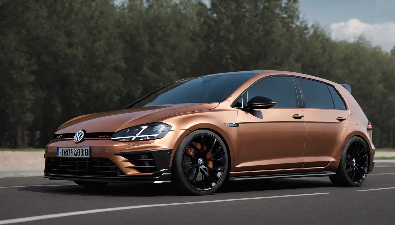 a close up of a copper and black bagged 2024 Volkswagen Golf 7R, hyper real render, 8 k cg render, angry 8 k, 8k render”, 8 k render, 8k render, wide body, hyper realistic style, in game style 8k, 8k octane 3d render, 8k in the style, 8k octane rendered, realistic cars