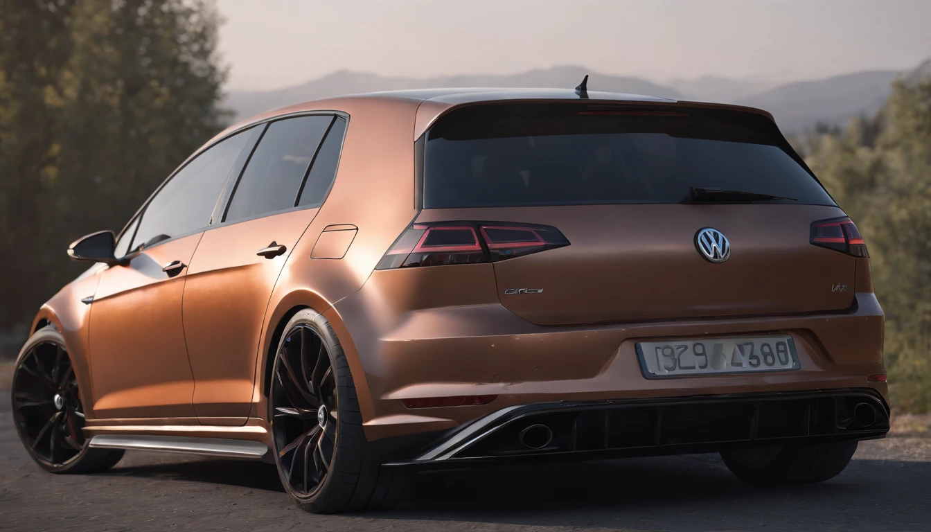 a close up of a copper and black bagged 2024 Volkswagen Golf 7R, hyper real render, 8 k cg render, angry 8 k, 8k render”, 8 k render, 8k render, wide body, hyper realistic style, in game style 8k, 8k octane 3d render, 8k in the style, 8k octane rendered, realistic cars