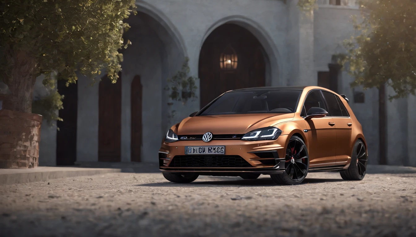 a close up of a copper and black bagged 2024 Volkswagen Golf 7R, hyper real render, 8 k cg render, angry 8 k, 8k render”, 8 k render, 8k render, wide body, hyper realistic style, in game style 8k, 8k octane 3d render, 8k in the style, 8k octane rendered, realistic cars