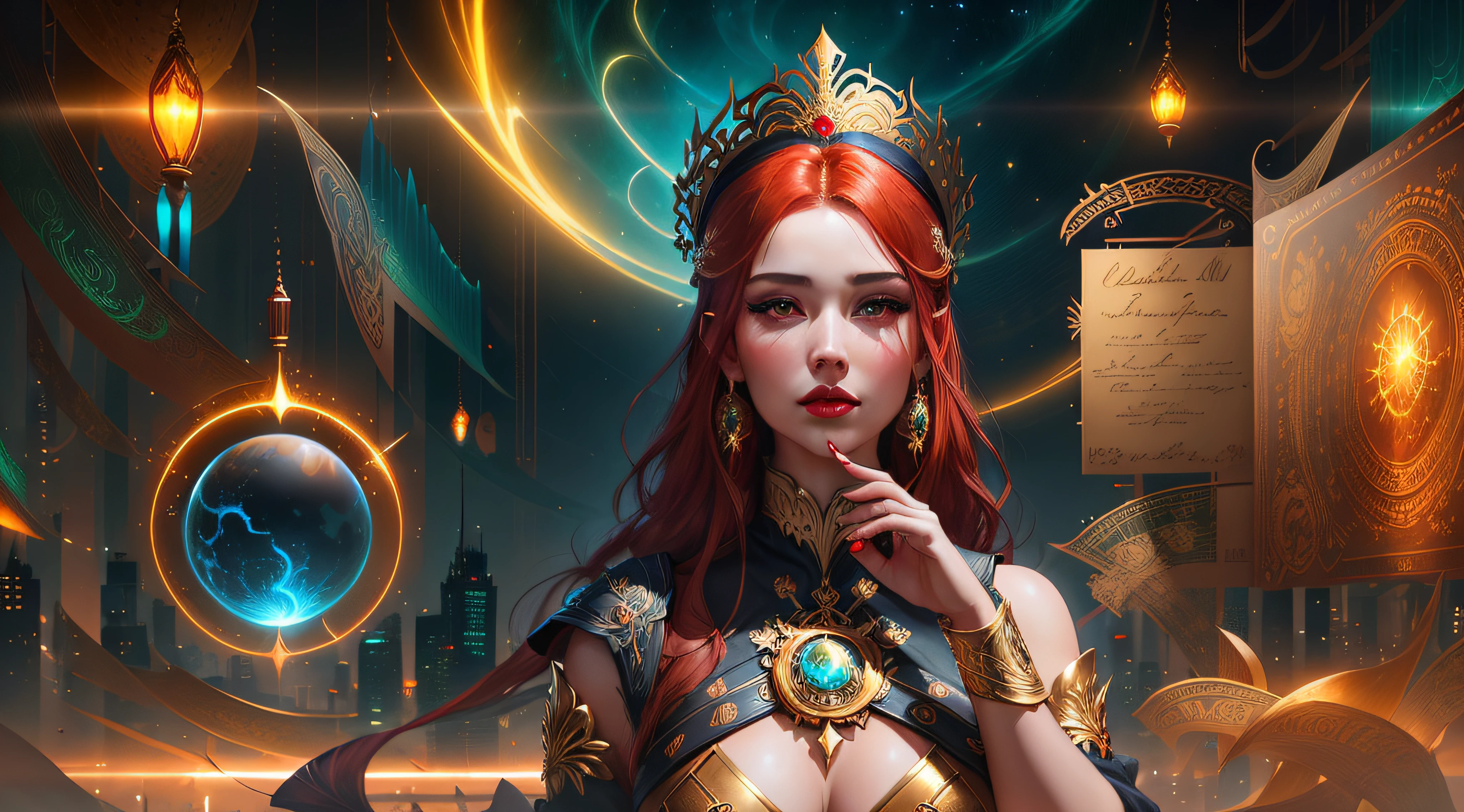 there is a woman (Jesica Alba: 1.1) red lips, green eyes with a red hair and a gold dress, stylized urban fantasy artwork, karol bak uhd, fantasy art behance, digital art fantasy art, 4k highly detailed digital art, digital art fantasy, detailed fantasy digital art, goddess of time, digital fantasy illustration, 4k detailed digital art, 4k fantasy art