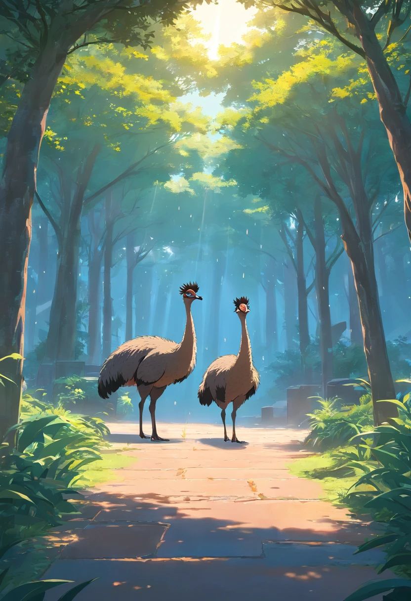 full body view, a ultra realistic cartoonish professional image of a zoo full of emus, with several trees, blue sky, very strong sun and red drops falling from the sky in the form of rain, cinematic lighting, ar3:2, ultrarealistic, vector 20k, cartoon by asaf hanukaa, cinematic lighting, ar3:2, ultrarealistic, vector 20k, cartoon by asaf hanukaa Sony A7R, Lente de 50 mm, Morning glow, 8k