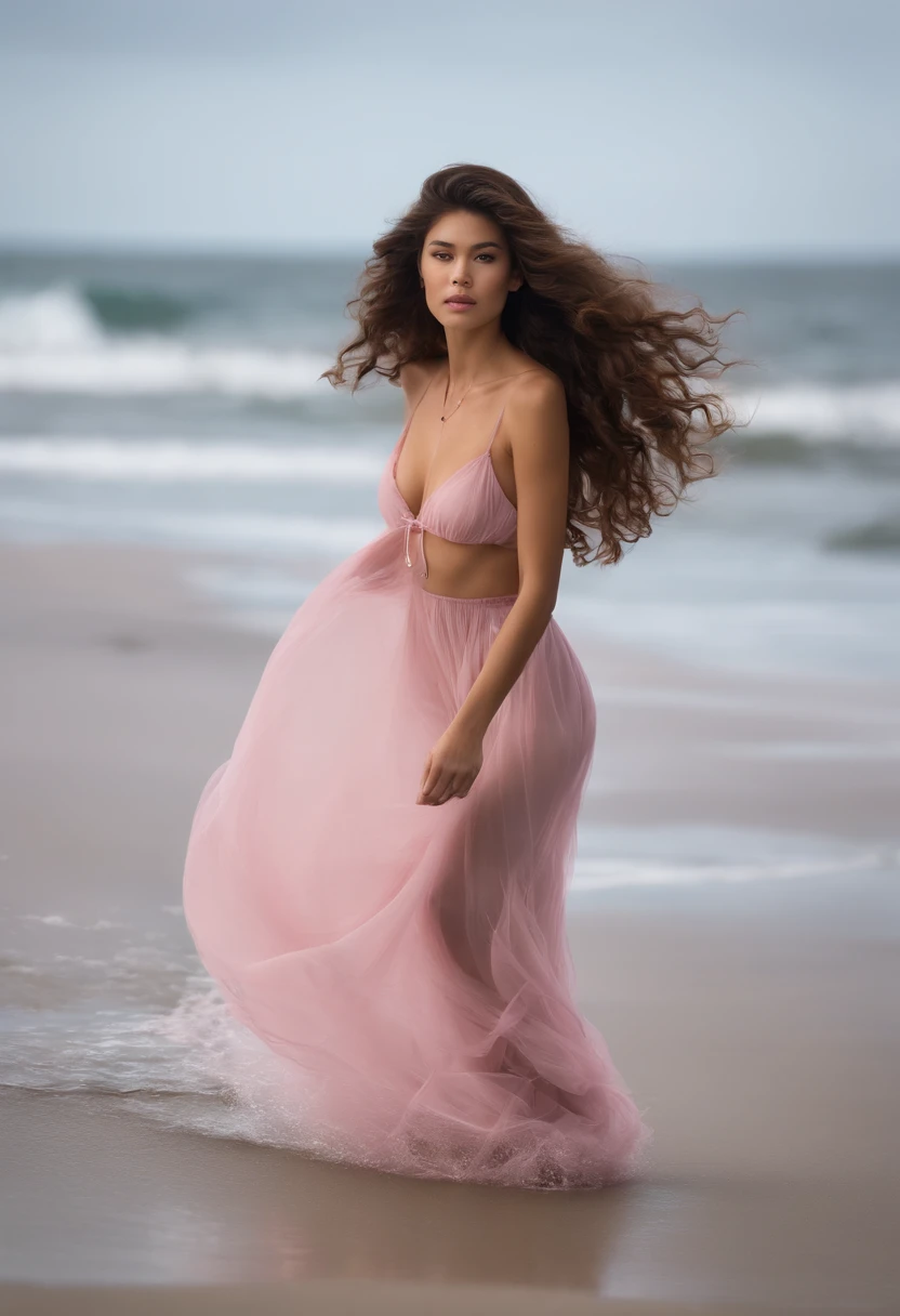 Beautiful asian brunette , curly brown hair , Long hair, , full - body, Kale, Naked, Kale, walking on the beach , Kaia Gerber huge breasts size 5 in pink transparent pennoir