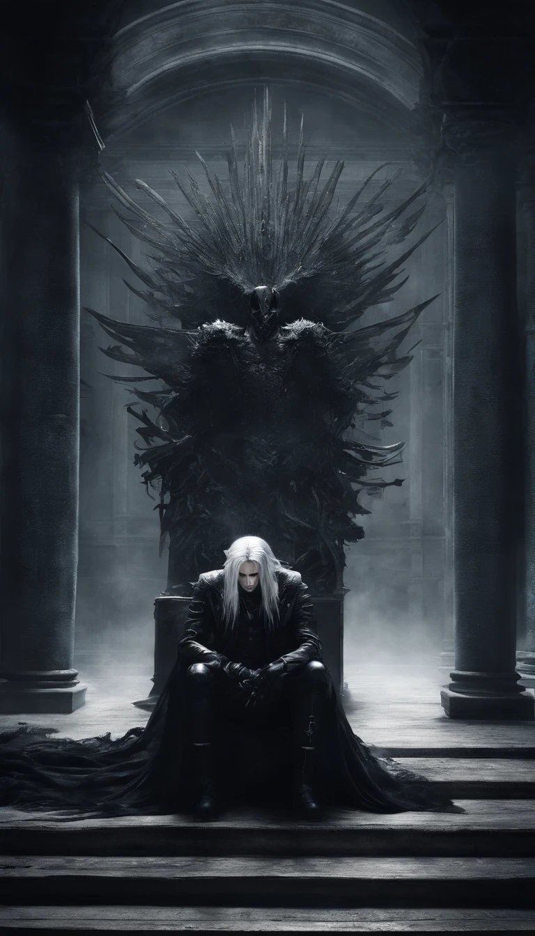 awe inspiring,,Dark and mysterious interior architecture,, depth of fields, One-person viewpoint, top-quality, hight resolution, ighly detailed,, The ultra -The high-definition,Focus on the eyes,Antique style, (silber hair: 1.1), (Silver eyes: 1.1), big eye,(Fluttering chest:1.4),llight rays,Tyndall phenomenon,Strong light shines in,One-winged fallen angel,Black wings,FF7,Sephiroth,male people,Black leather clothing,masamune,27yo,