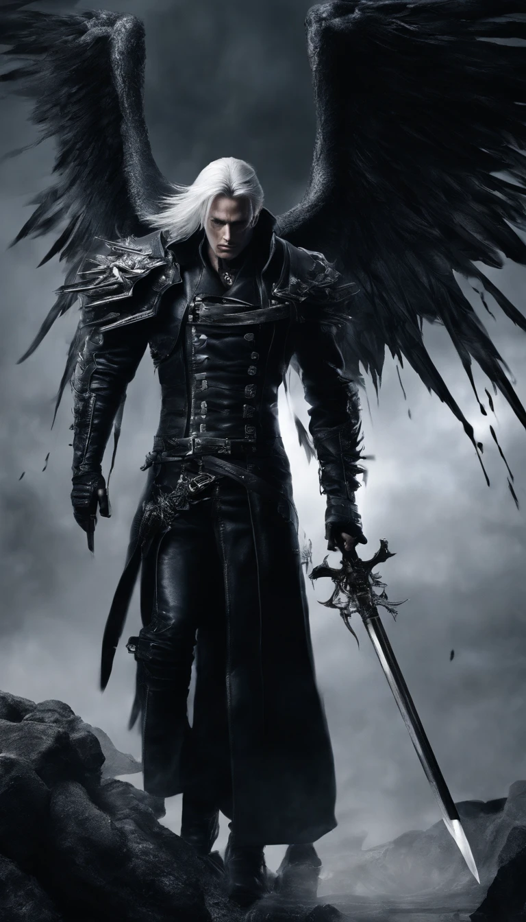 awe inspiring,,Dark and mysterious interior architecture,, depth of fields, One-person viewpoint, top-quality, hight resolution, ighly detailed,, The ultra -The high-definition,Focus on the eyes,Antique style, (silber hair: 1.1), (Silver eyes: 1.1), big eye,(Fluttering chest:1.4),llight rays,Tyndall phenomenon,Strong light shines in,One-winged fallen angel,Black wings,FF7,Sephiroth,male people,Black leather clothing,masamune,27yo,