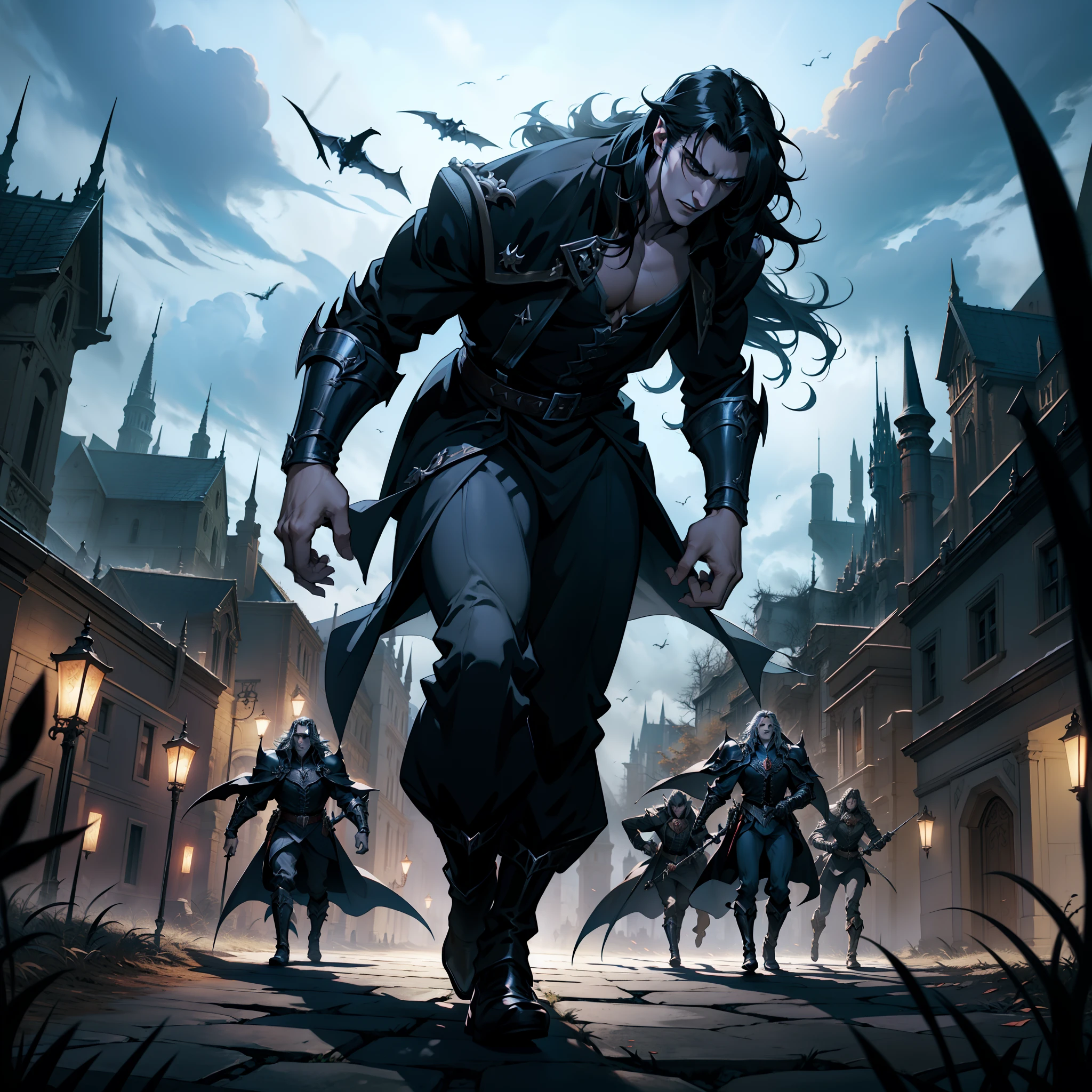 Castlevania Lord of the shadows hyper realistic super detailed Dynamic shot master piece scene cinématique scènes movie Epic Legendary Lord Dracula leading troops army of demons to battle sharp détails cinématique scènes movie Epic Legendary perspective environnement